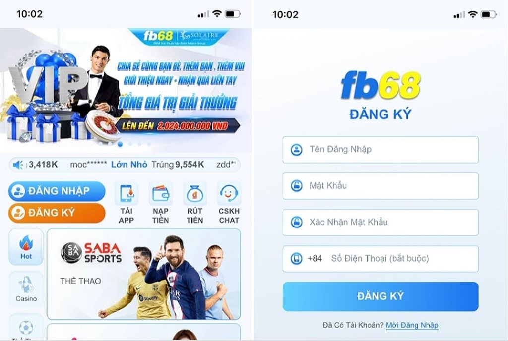 Giao diện đăng ký tài khoản Fb68 trên ứng dụng điện thoại.