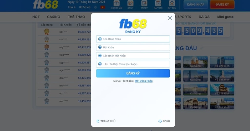 Hướng dẫn đăng ký Fb68 trên thiết bị máy tính, PC.