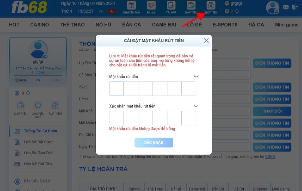 Hướng dẫn rút tiền Fb68 chi tiết theo các bước.