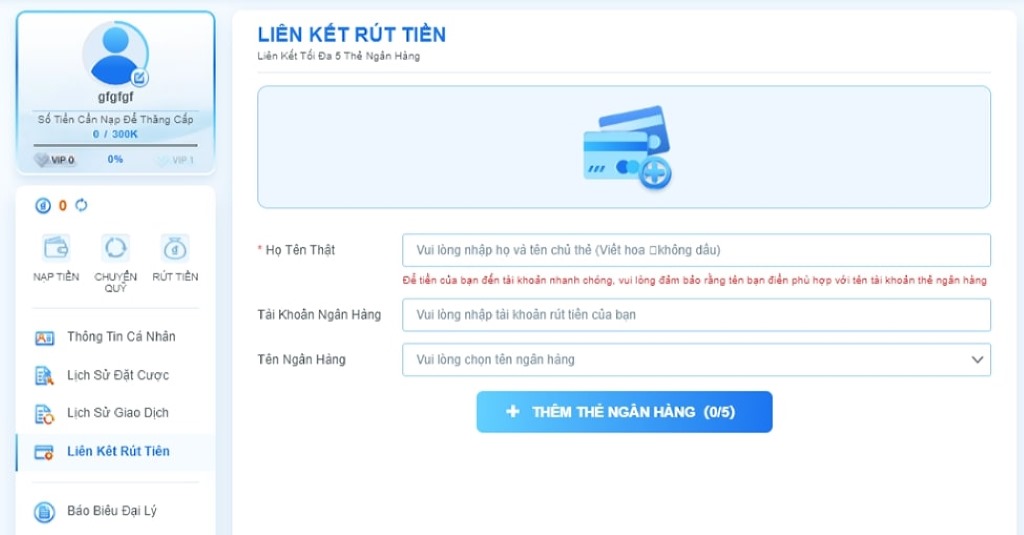 Liên kết tài khoản ngân hàng tương ứng, chính chủ.